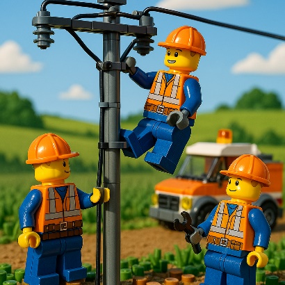 Thumbnail Image Eine Szene mit Lego-Männchen in Arbeitskleidung, die eine Hochspannungsleitung reparieren. Die Lego-Figuren tragen Schutzhelme, Warnwesten und Werkzeuggürtel. Sie arbeiten an einem Strommast mit Kabeln, während im Hintergrund ein Servicefahrzeug und eine ländliche Landschaft zu sehen sind. Die Szene ist bei Tageslicht und zeigt realistische Details im Lego-Stil.